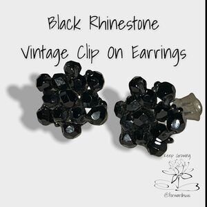 Vintage Black Rhinestone Earrings on Silver-Tone Metal